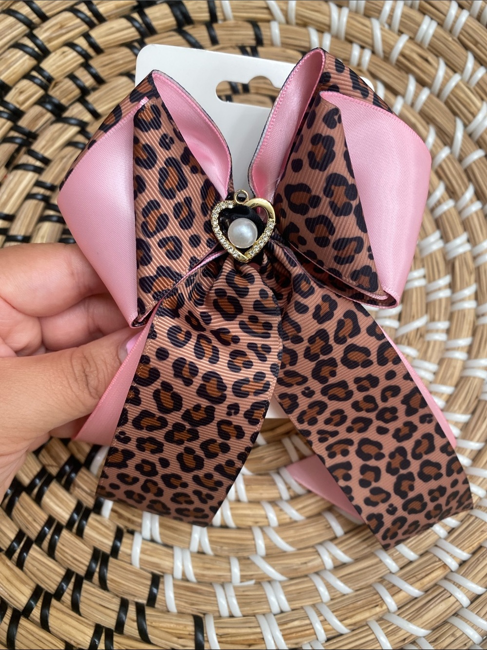Pink Satin & Leopard Print Hair Bow with Heart Accent - Picture 3 of 4
